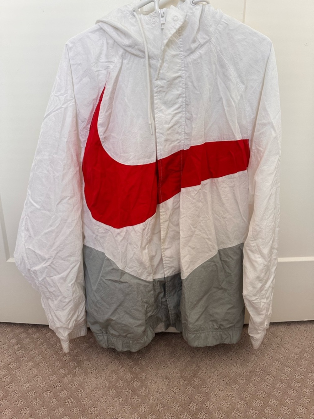 Nike White Hooded Windbreaker with Red Swoosh and Gray Panels
